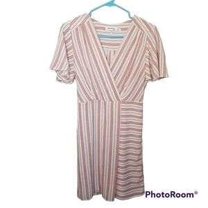 Monteau Faux Wrap Striped Short Sleeved Midi Dress With Tie Belt